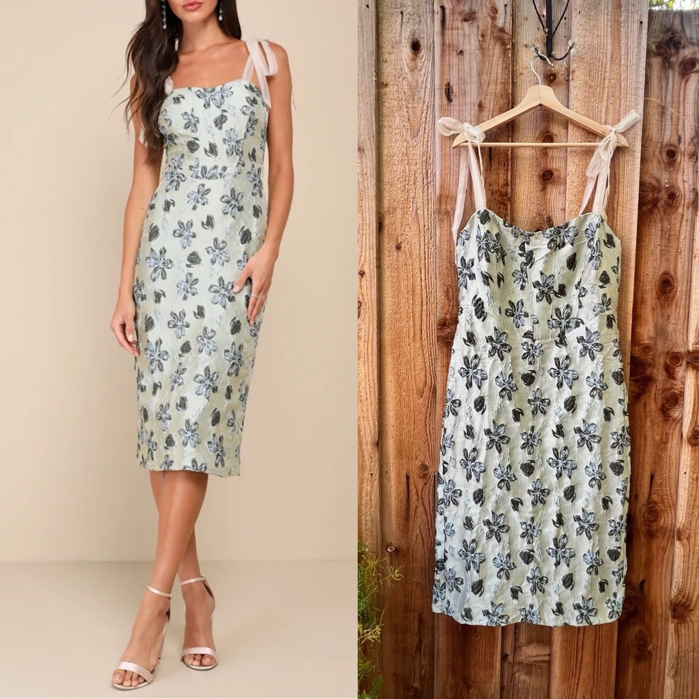 Sage and Blue Green Floral Jacquard Tie-Strap Midi Dress 🌿